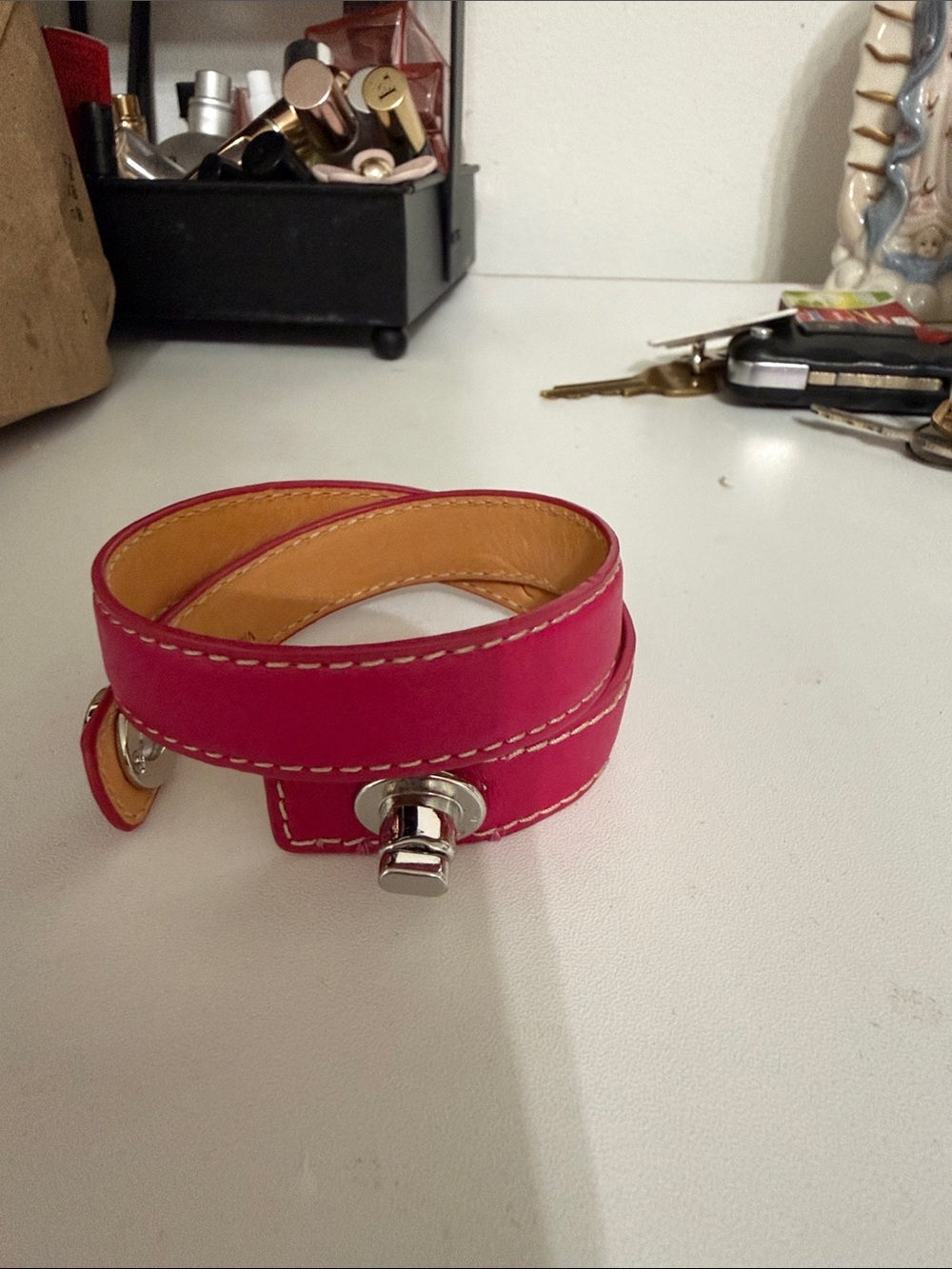 Coach Pink Double-Wrap Leather Bracelet with Silver Turnlock - Picture 3 of 4